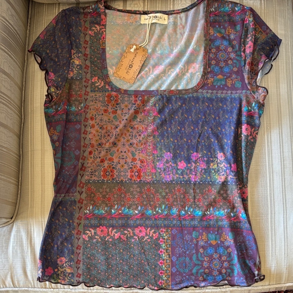 NATURAL LIFE Purple Multi-Color Floral Patchwork Sheer Top